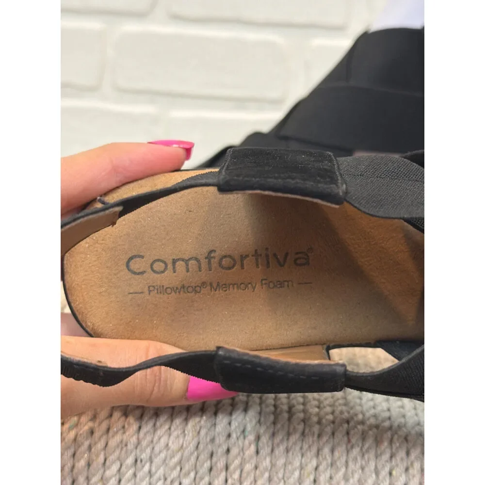 Comfortiva Woven Elastic Wedge Sandals Black Size 8.5
